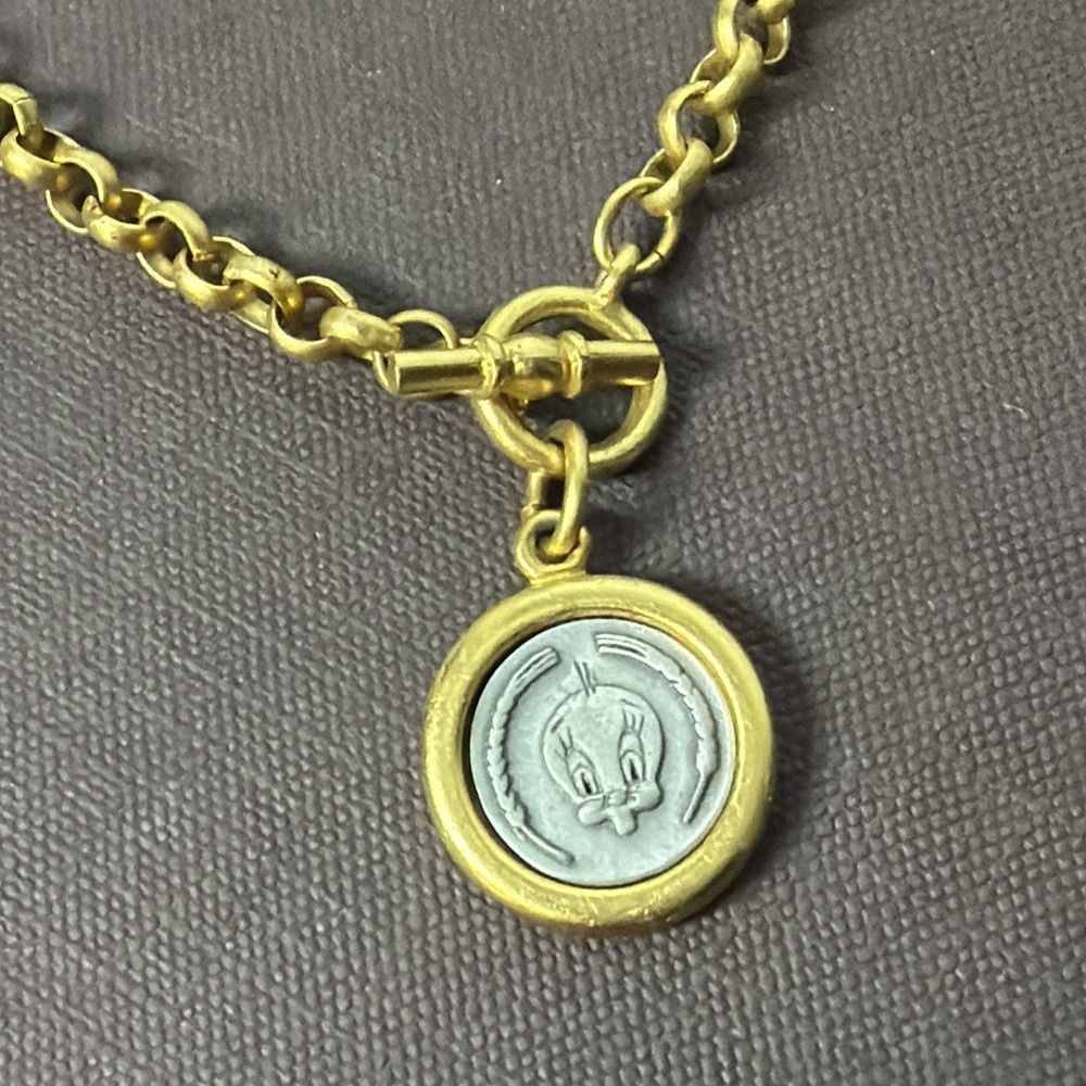 Tweety‎ Bird Coin Pendant Toggle Gold Rolo Chain Necklace RARE Vintage 90's